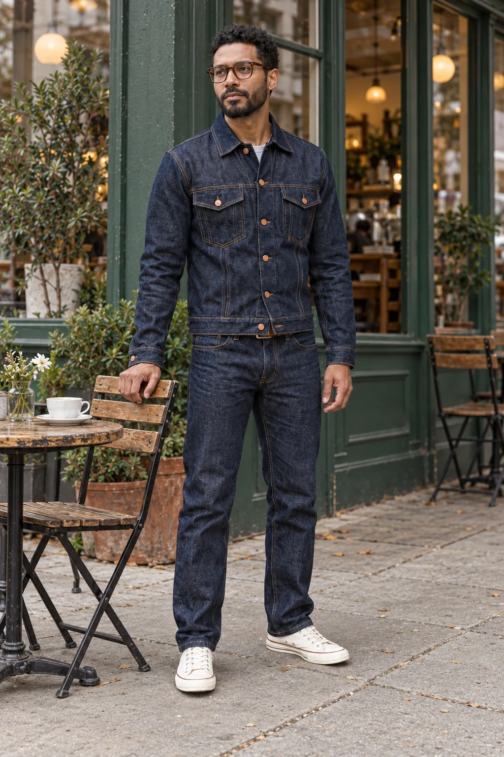 B Character Photo Reference, Café: original adult creator in indigo denim, passes the four visible outfit checks