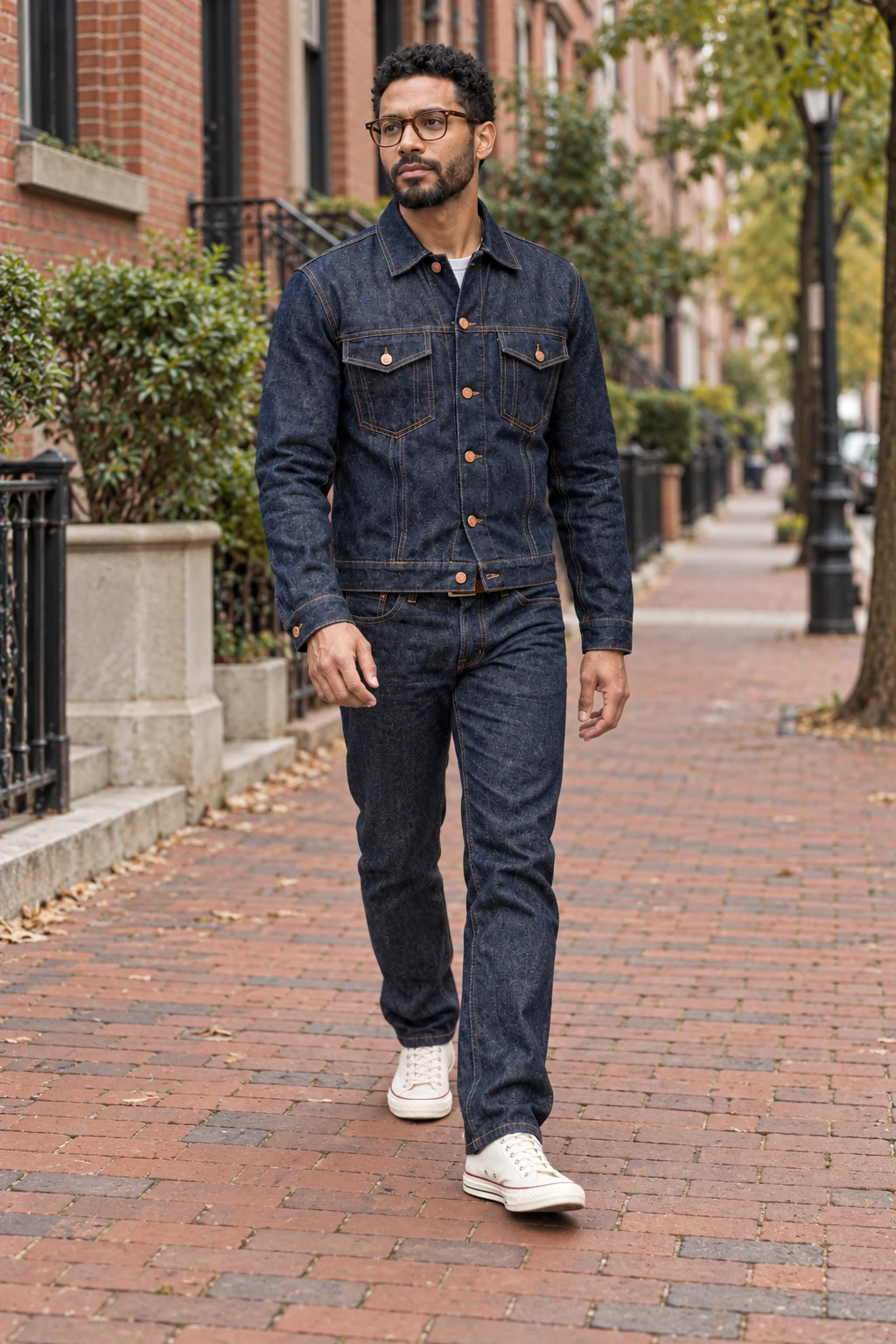 B Character Photo Reference, Street: original adult creator in indigo denim, passes the four visible outfit checks