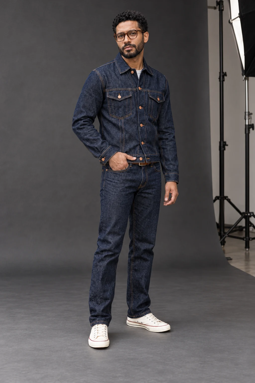 B Character Photo Reference, Studio: original adult creator in indigo denim, passes the four visible outfit checks