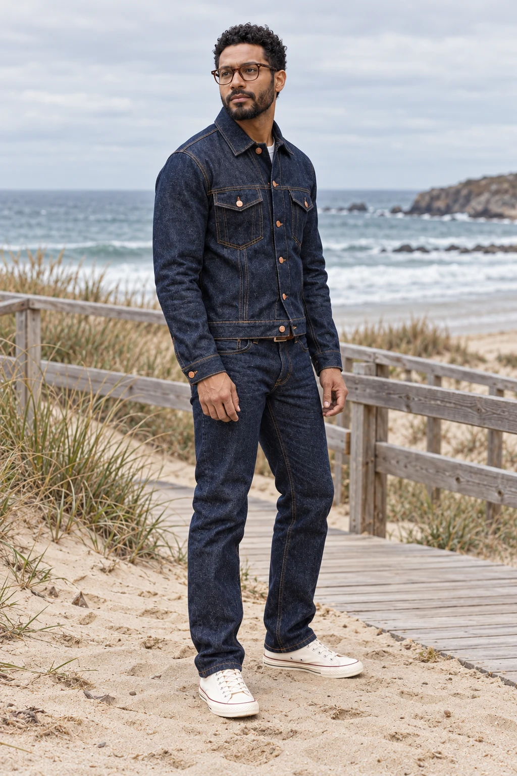 C Character + Outfit References, Beach: original adult creator in indigo denim, passes the four visible outfit checks