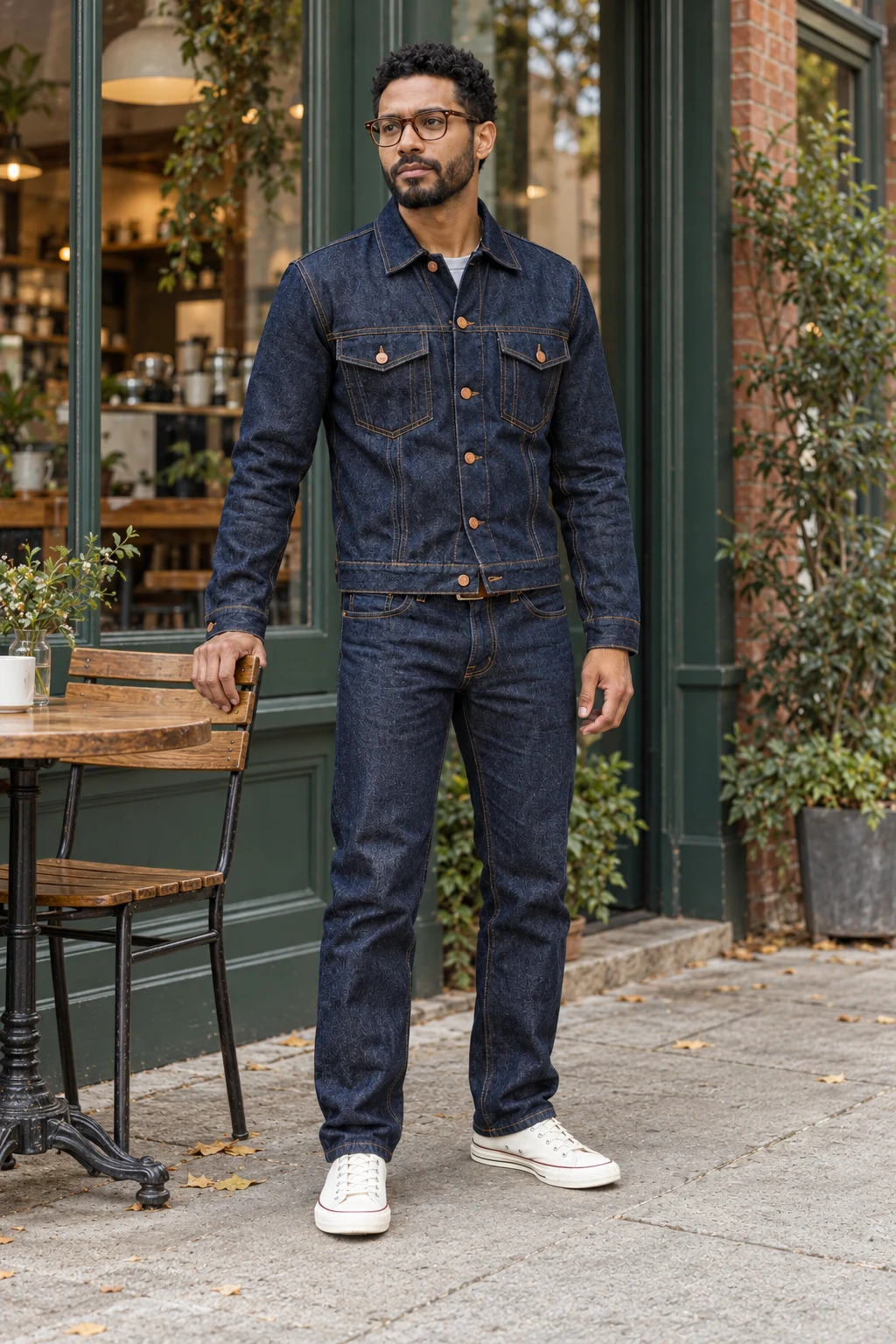 C Character + Outfit References, Café: original adult creator in indigo denim, passes the four visible outfit checks