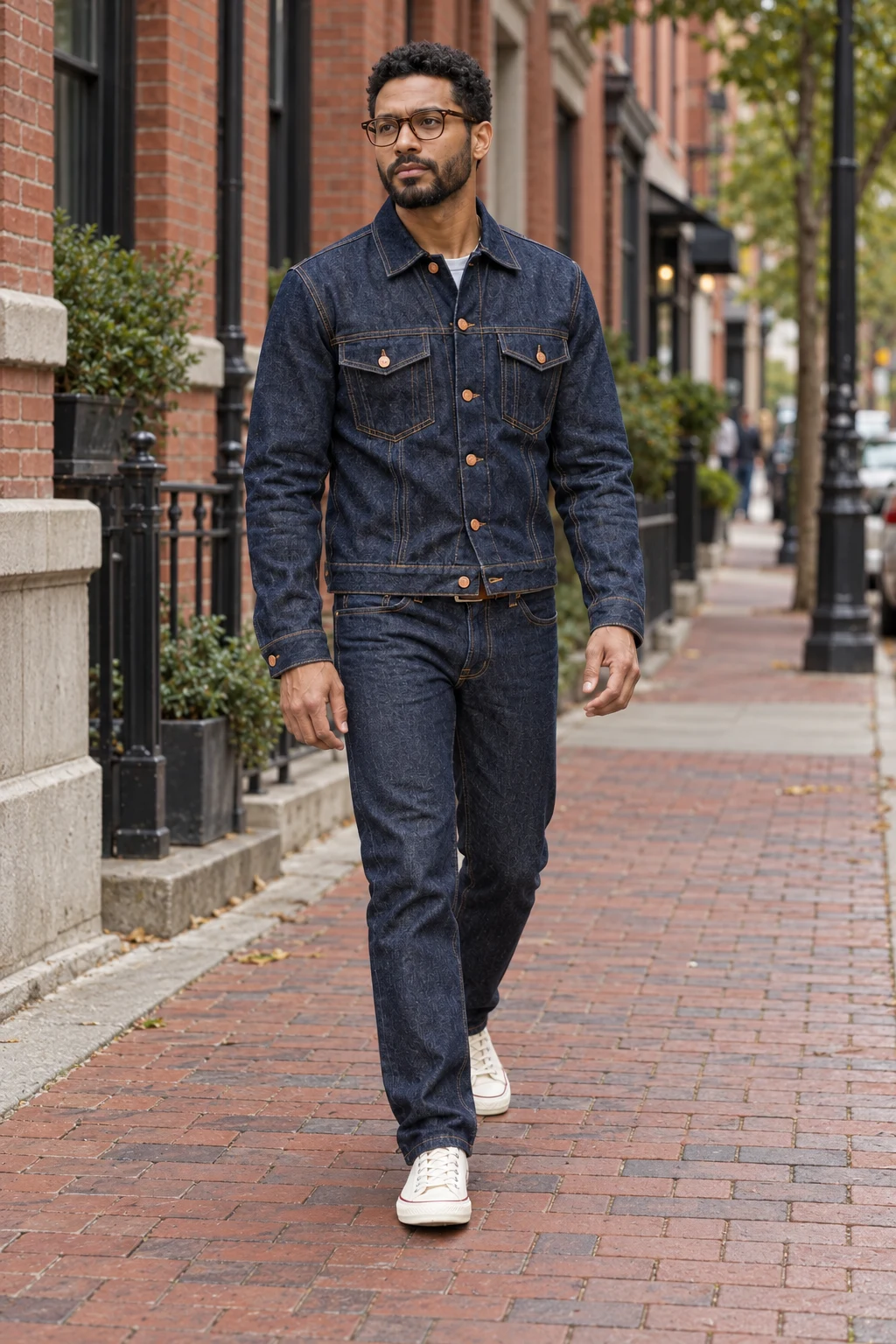 C Character + Outfit References, Street: original adult creator in indigo denim, passes the four visible outfit checks