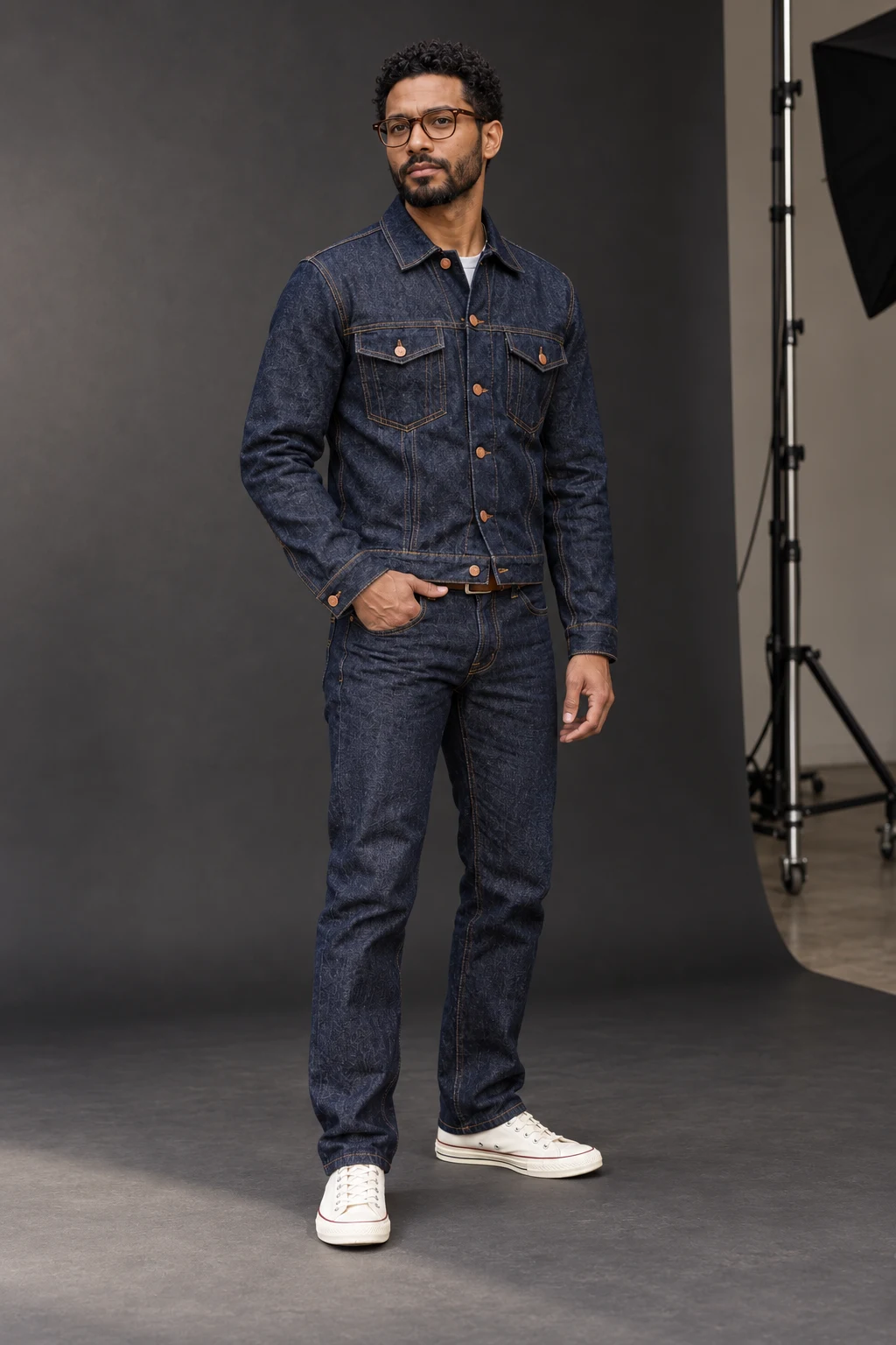 C Character + Outfit References, Studio: original adult creator in indigo denim, passes the four visible outfit checks