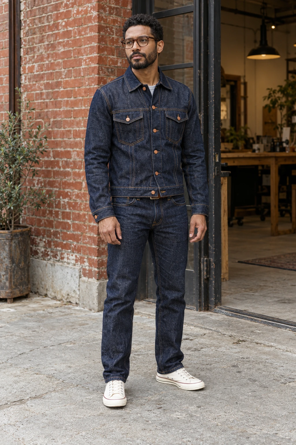 Original fictional adult creator wearing the reference indigo denim jacket and matching jeans