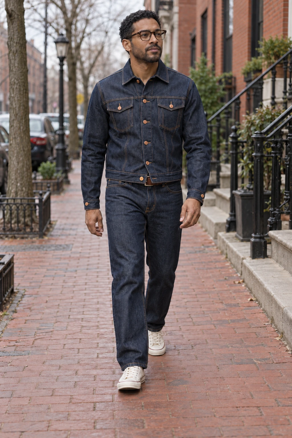 After one requested cuff-button repair of the street image; inspect the cuffs and unchanged garment areas