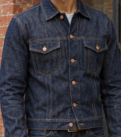 Unaltered crop of the original denim jacket showing pointed collar, six copper front buttons, pocket flaps and golden double seams