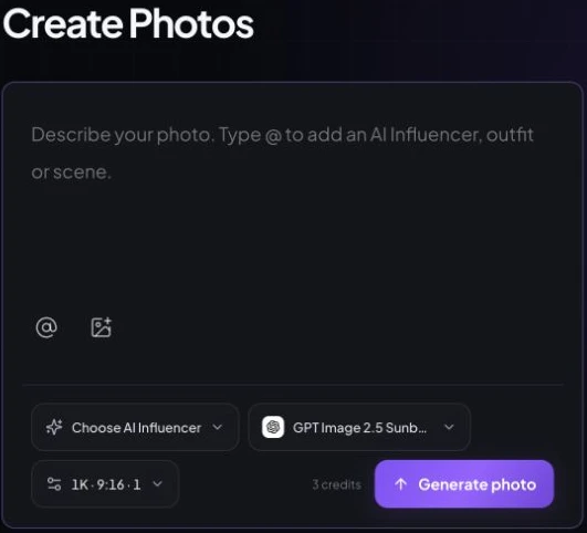 Real Create Photos workspace with Direction, @ asset control, Upload reference image, Choose AI Influencer, model selector, generation settings and Generate photo