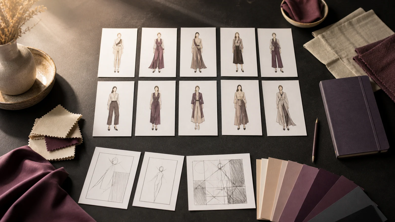Illustrative concept board with fashion color swatches and portrait studies for a fictional adult character