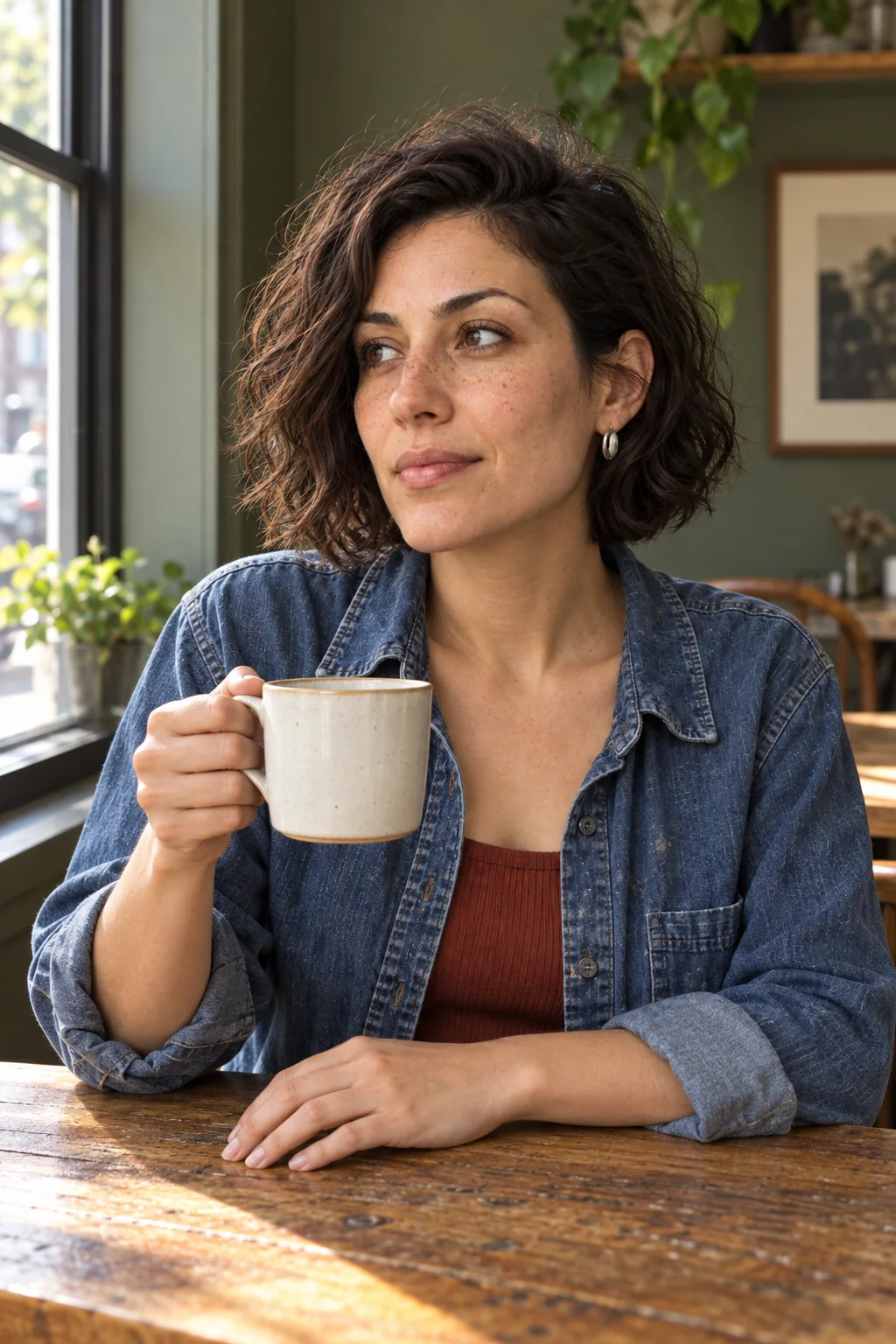 Revised generated café image of Mara with an explicit mug grip and soft light from a side window