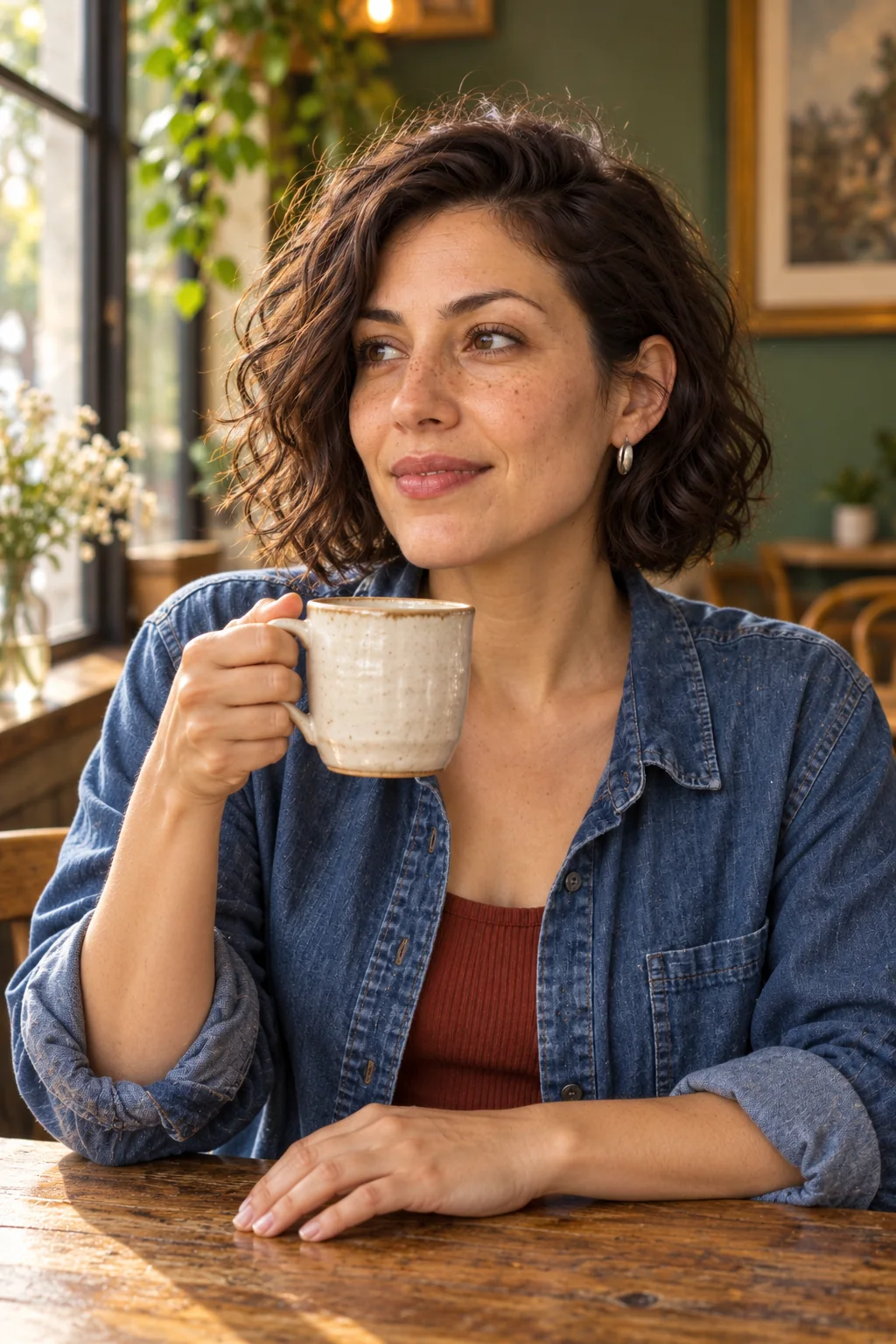 Baseline generated café image of Mara holding a white ceramic mug with generic warm cinematic direction