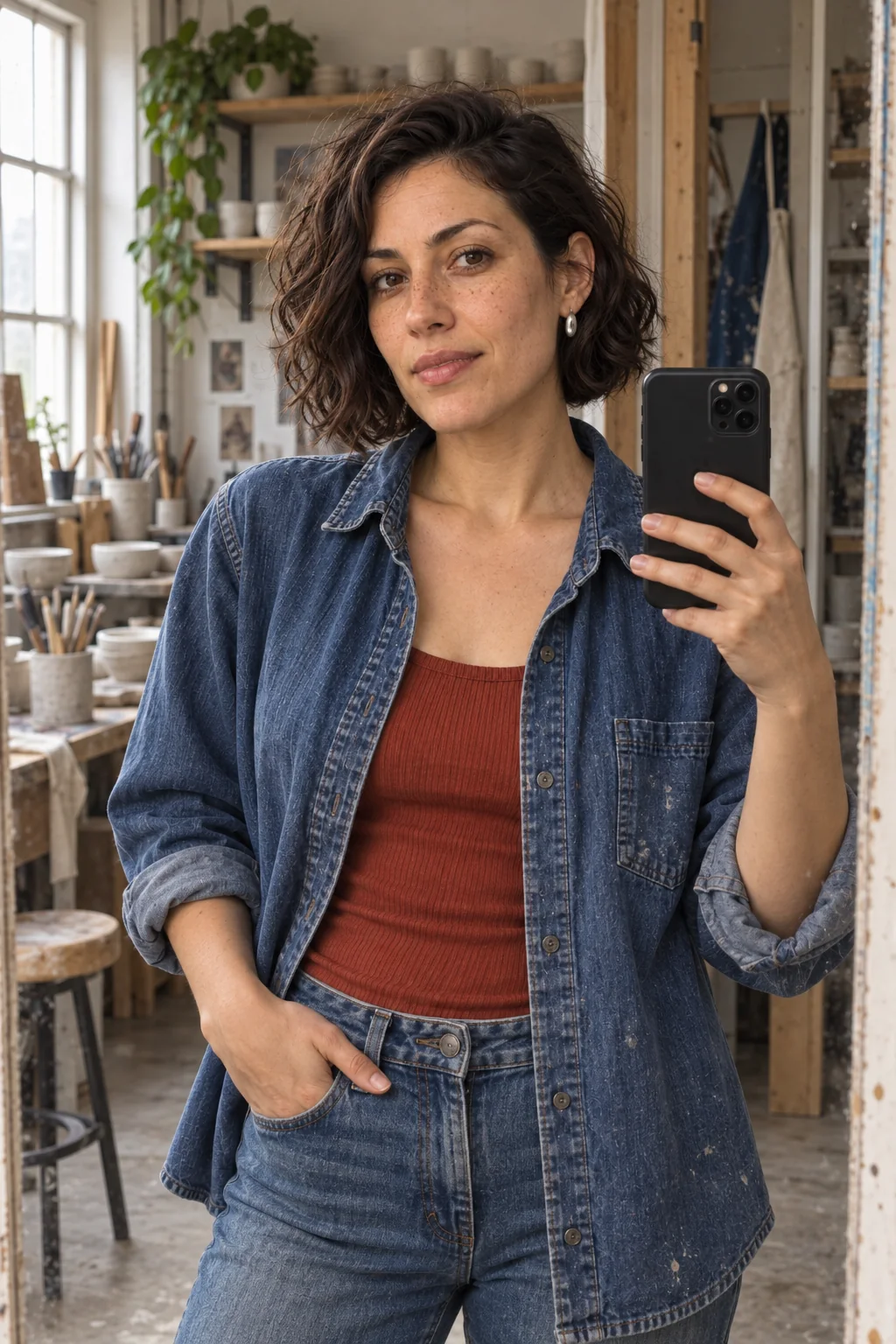 Revised generated studio mirror selfie of Mara with side daylight and a specified phone grip