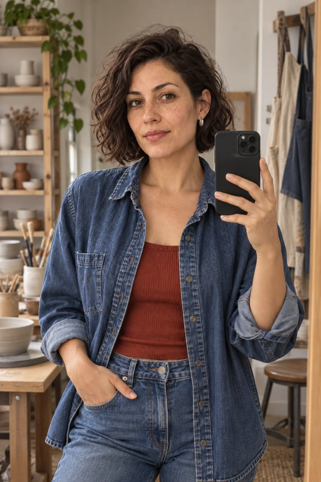 Baseline generated waist-up studio mirror selfie of Mara holding a black phone under generic beauty direction