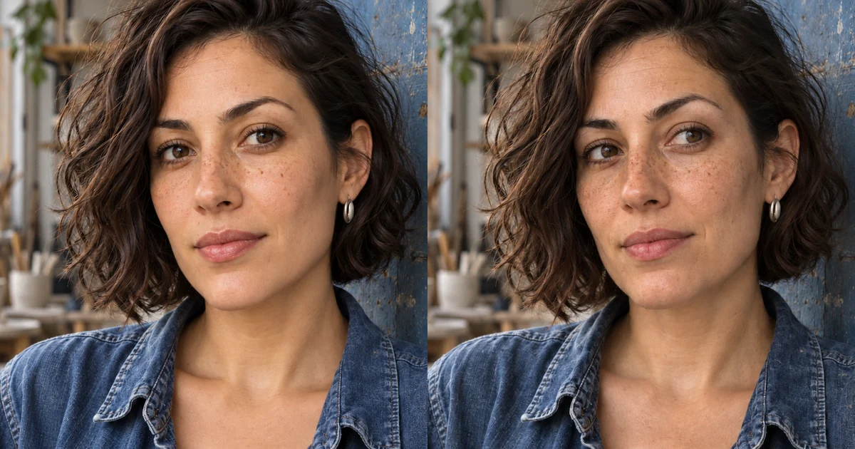 Two generated portraits of the same fictional adult creator comparing generic beauty direction with natural photographic direction