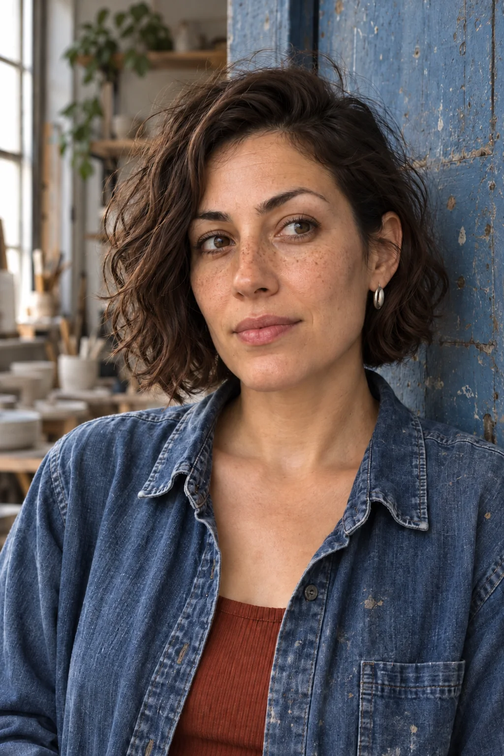 Revised generated portrait of Mara by the blue door using side-window light, visible freckles and relaxed expression