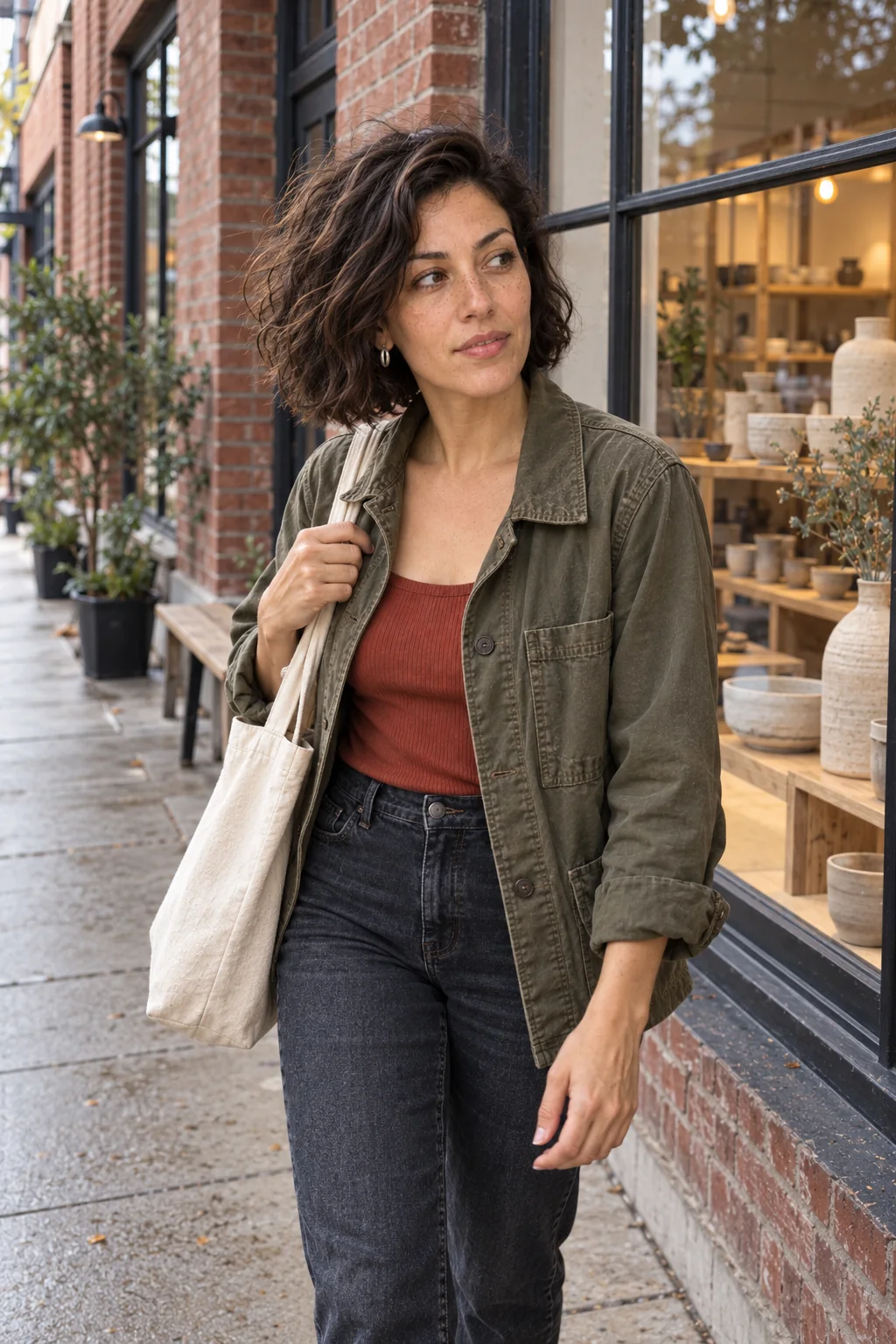 Revised generated street-fashion image of Mara turning toward a shop window in soft overcast daylight