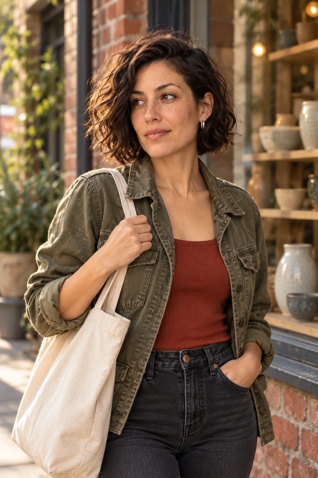 Baseline generated street-fashion image of Mara in an olive jacket with a canvas tote outside a brick workshop