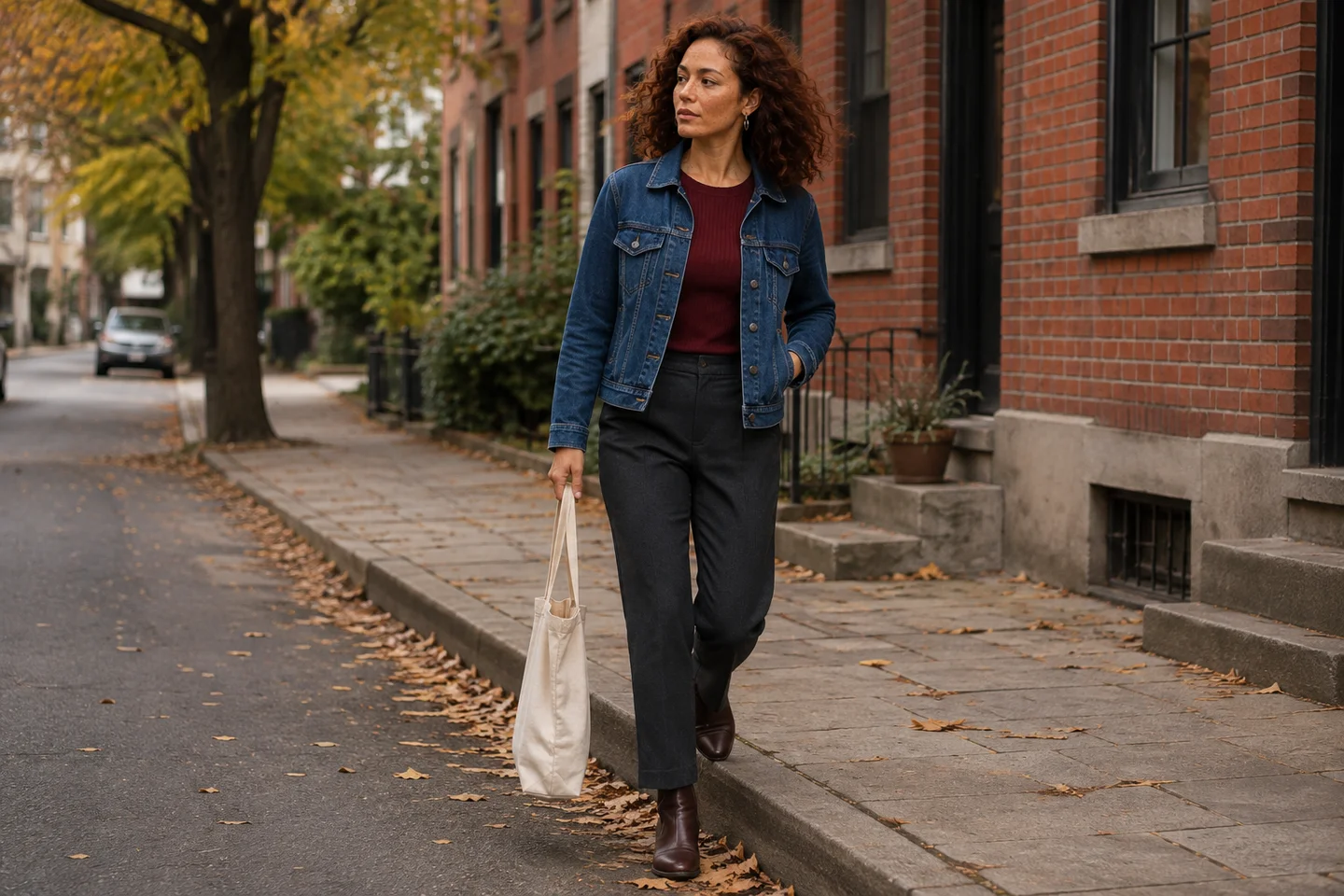 The fictional auburn-haired adult model wearing a denim jacket and burgundy top on a neighborhood street.