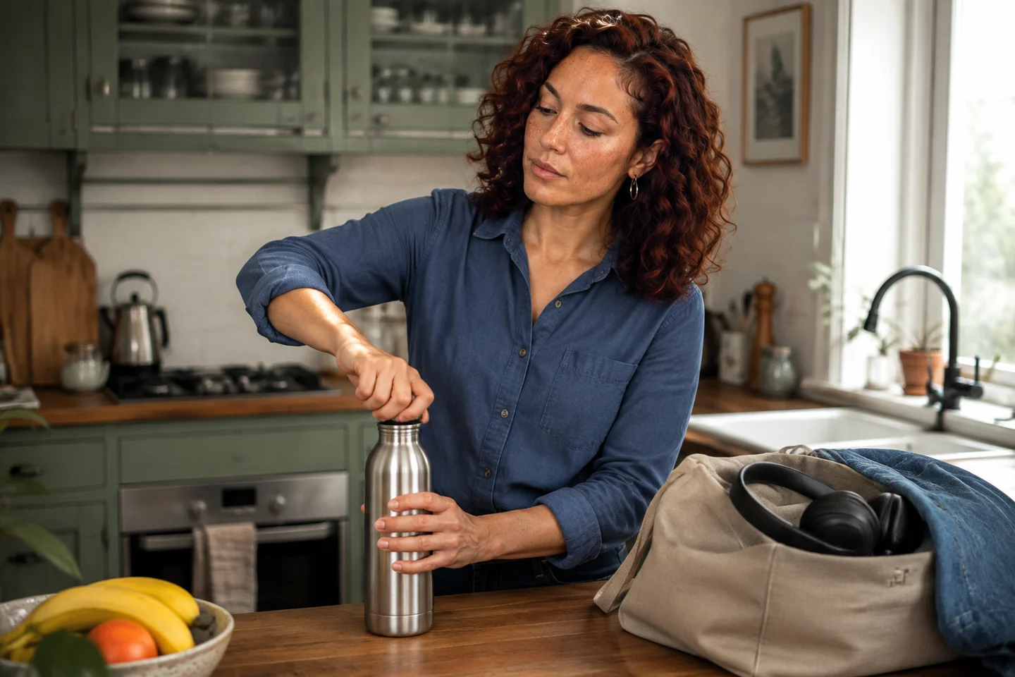 The same fictional adult model twisting a lid onto a stainless-steel water bottle on a kitchen counter.