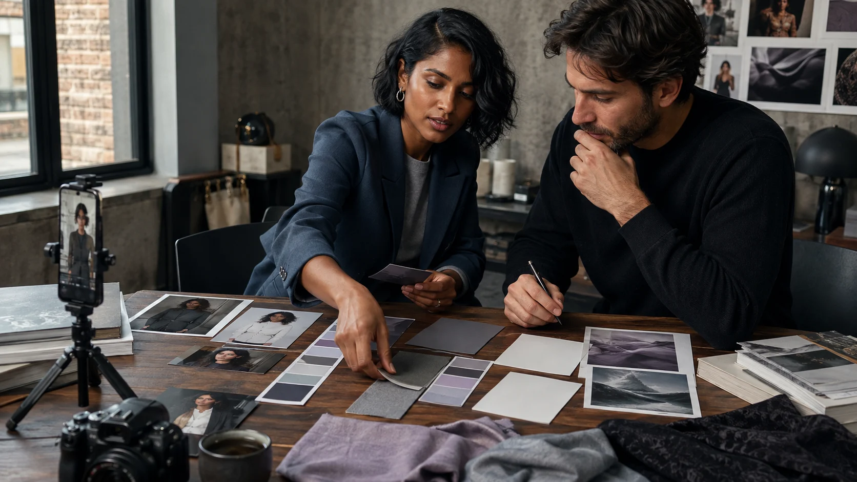 The fictional adult creator Nova Vale and a creative director defining visual identity, content formats, and persona references in a studio.