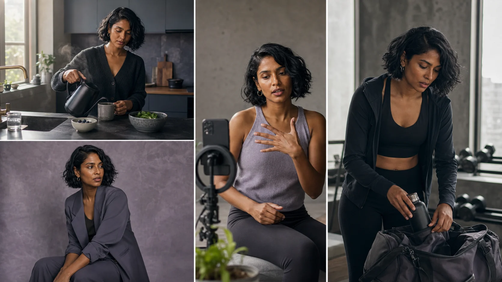 The same fictional adult Nova Vale persona across a morning routine photo, vertical-video setup, editorial portrait, and brand-safe wellness preparation scene.