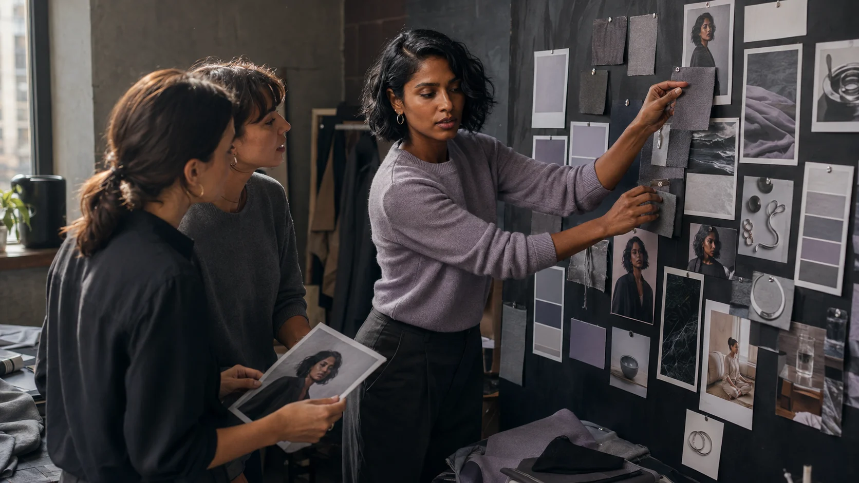 The fictional adult creator Nova Vale and an adult creative team arranging portrait references, fabrics, colors, and accessories on a physical identity board.