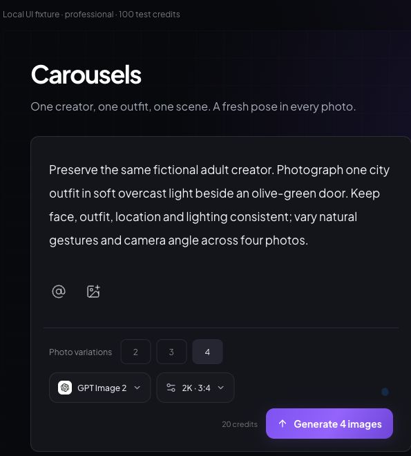 Real Carousels form with an editable consistency direction, two, three or four photo variations, model, size and credit quote.