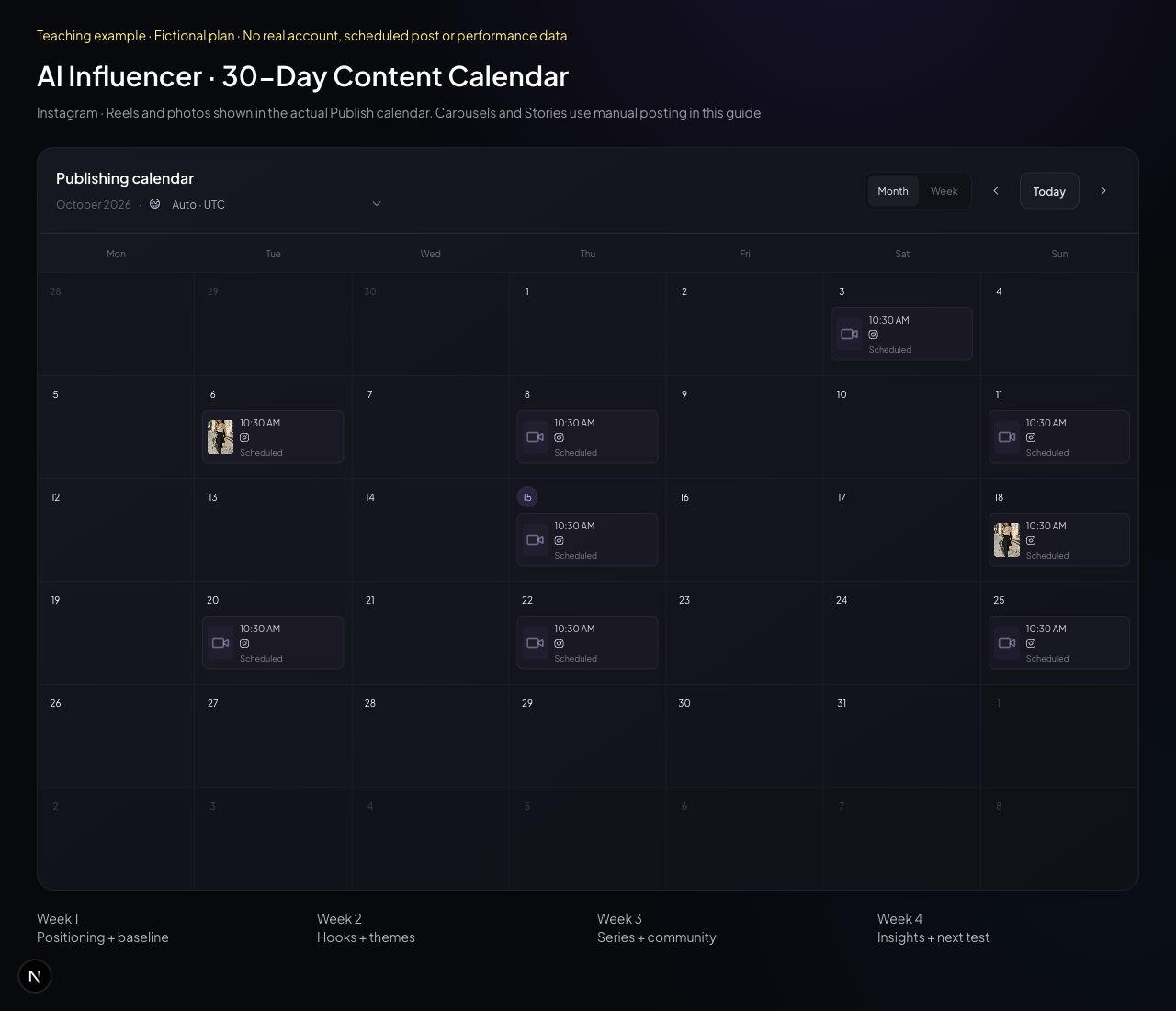Actual Publish calendar component with clearly labeled fictional planning data and timezone controls.