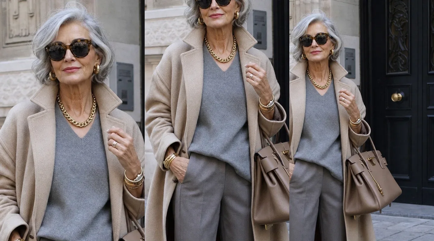 Three deterministic crops of the authorized Baddie Betty image highlighting silver hair, neutral luxury clothing, gold jewelry, handbag, and an urban doorway.