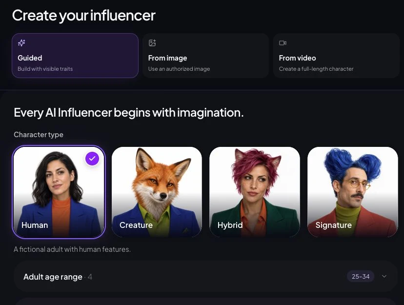 Real AI Influencer Generator character builder showing Guided, From image, From video, character types and adult age selection