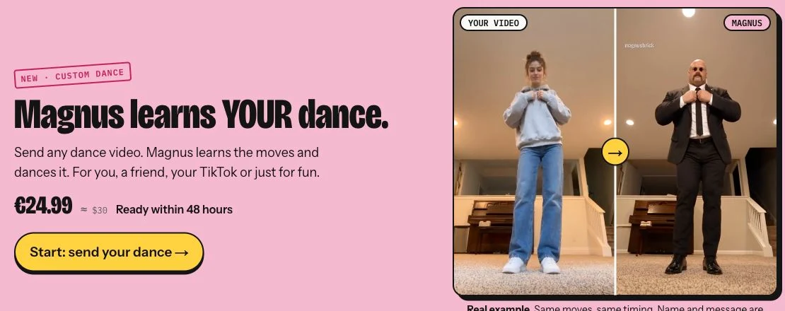 Official Magnus custom-dance page advertising €24.99, delivery within 48 hours and a reference-person versus Magnus comparison poster