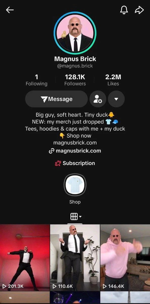 Supplied historical @magnus.brick TikTok screenshot showing 128.1K followers, 2.2M likes, a merch bio link and a Subscription entry