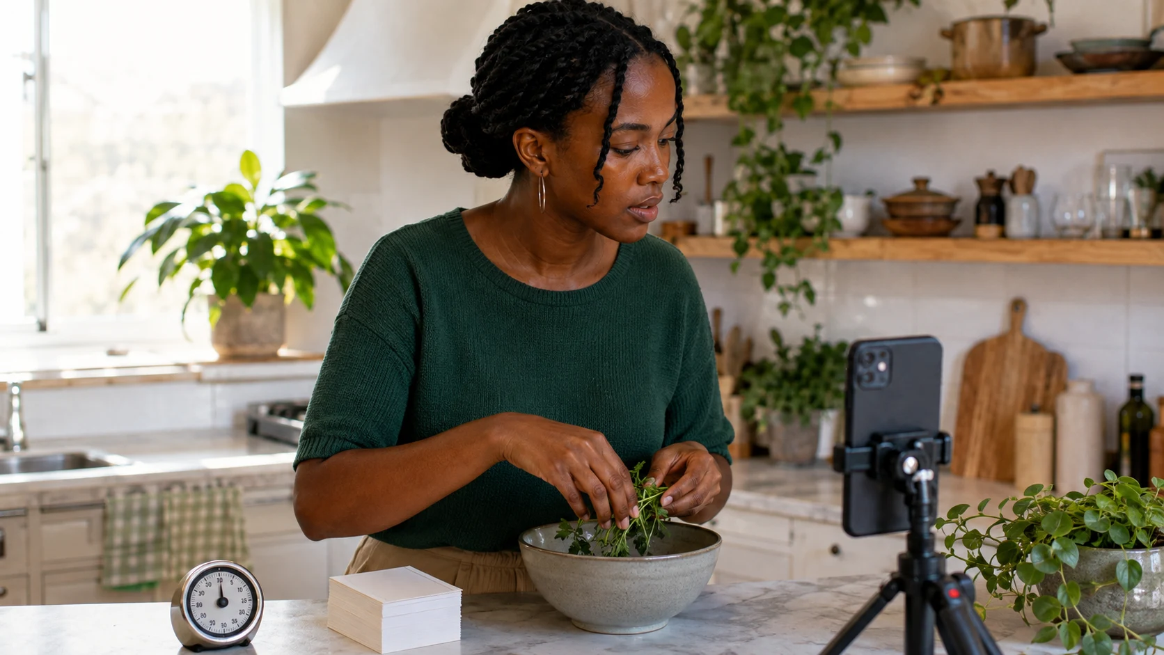 Fictional adult creator filming a simple lifestyle content pillar beside a phone tripod in a bright kitchen.