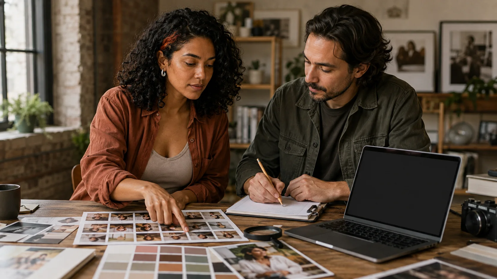 A fictional adult creator and an adult colleague reviewing a printed image contact sheet and checklist at a studio table.