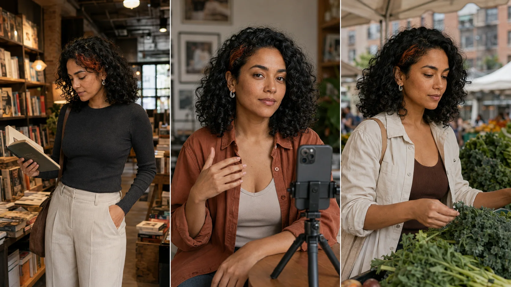 The same fictional adult creator in a bookstore, recording setup, and outdoor market while maintaining recognizable facial and hair details.