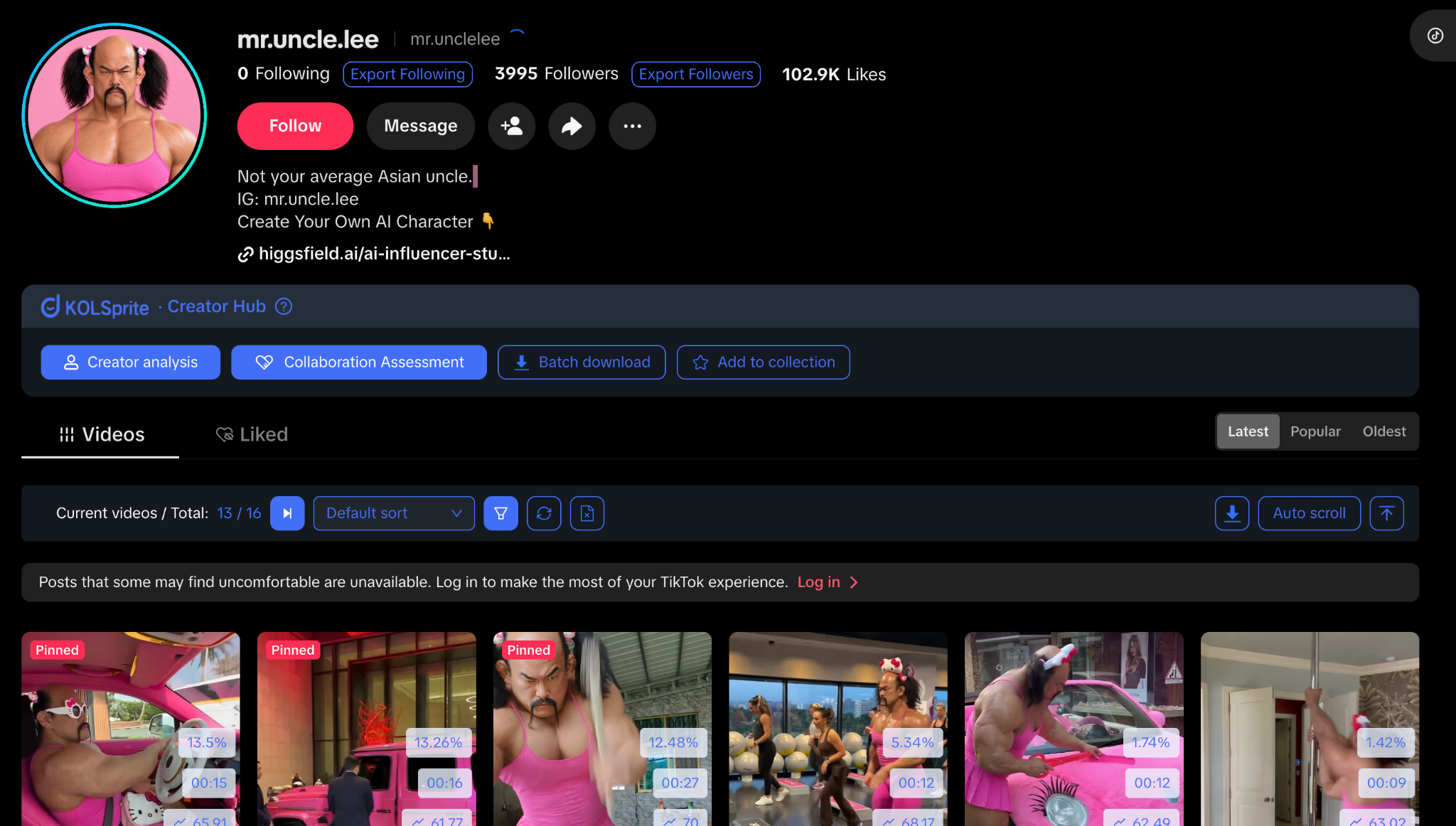 Supplied TikTok thumbnail detail: mr.uncle.lee in a pink car, wearing white decorative glasses and pink clothing