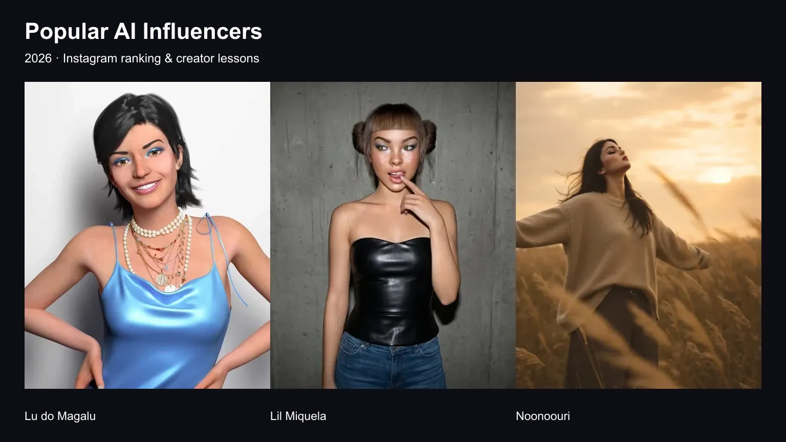 Editorial portrait compilation of Lu do Magalu, Lil Miquela and Noonoouri.