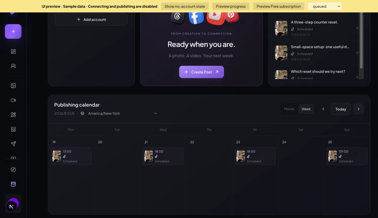 Actual Publish week-view component with four illustrative scheduled TikTok posts and a visible sample-data banner.