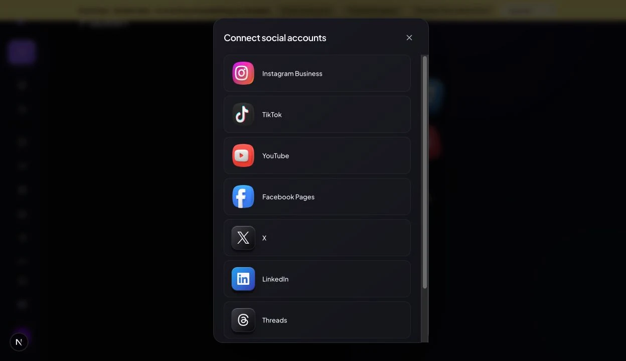 Real Connect social accounts dialog containing TikTok; local preview disables authorization.