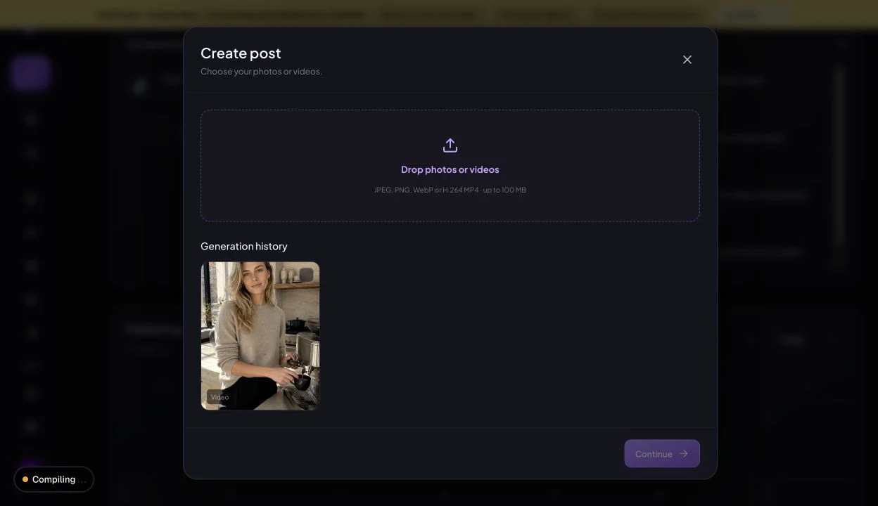 Real Create post media selector with an existing generated video and the upload option.