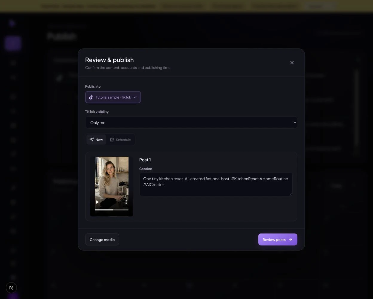 Actual Review and publish composer showing TikTok account selection, Only me visibility, Now and Caption.
