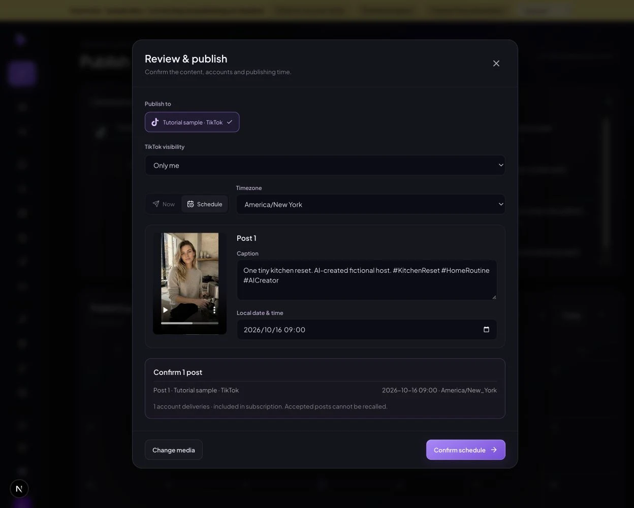 Actual scheduling composer with America/New York timezone, local date and time and Confirm schedule button.
