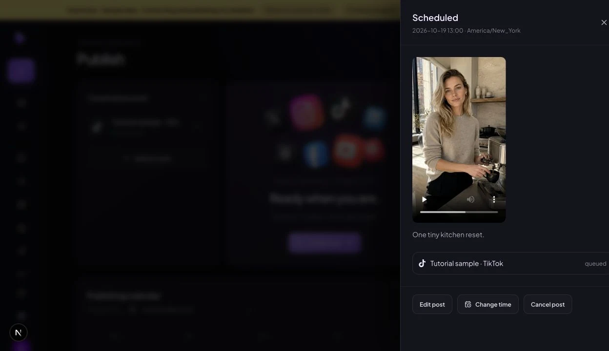Actual scheduled-post drawer with tutorial TikTok account, queued delivery and Edit post, Change time and Cancel post controls.
