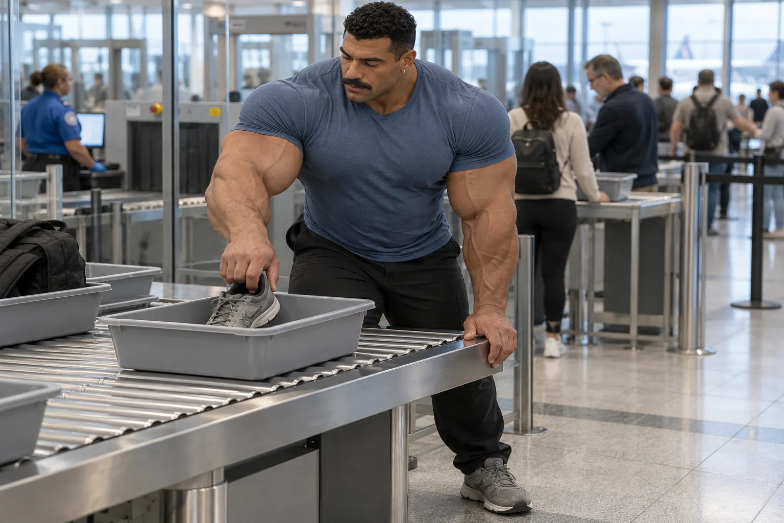 Original fictional muscular character Luca places a gray sneaker into an airport screening tray; slate-blue shirt and short black curls.