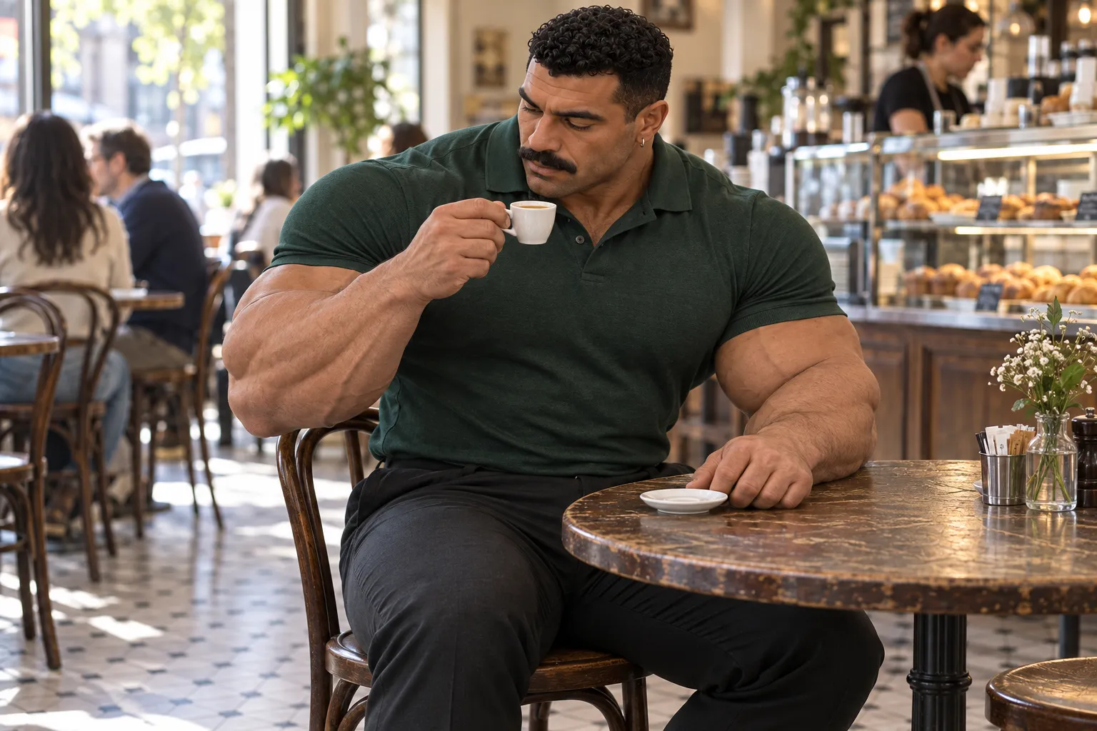 The same fictional Luca in a green polo delicately holds a small espresso cup at a worn café table.
