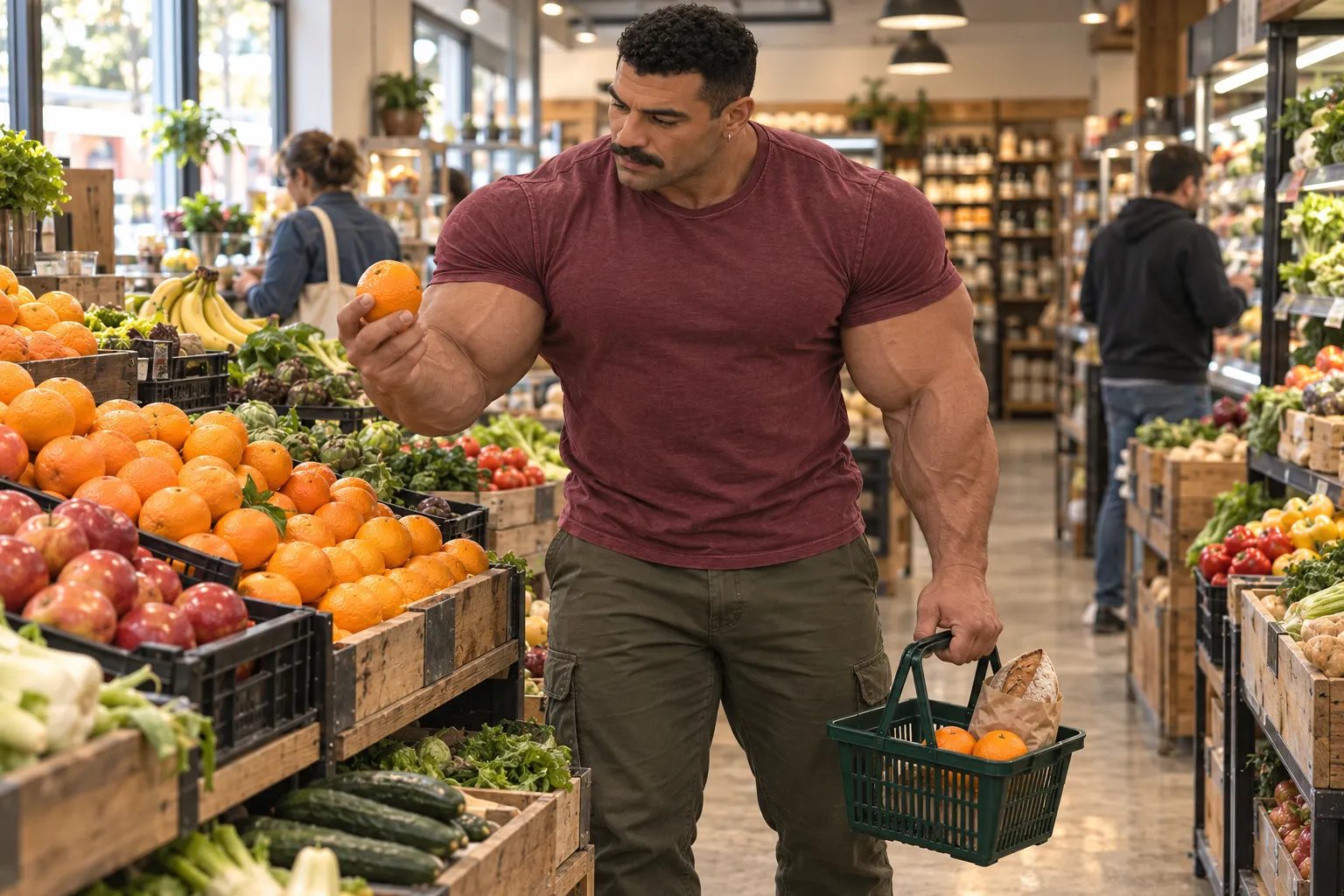 The same original muscular Luca examines an orange while carrying a small green shopping basket, wearing a burgundy T-shirt.