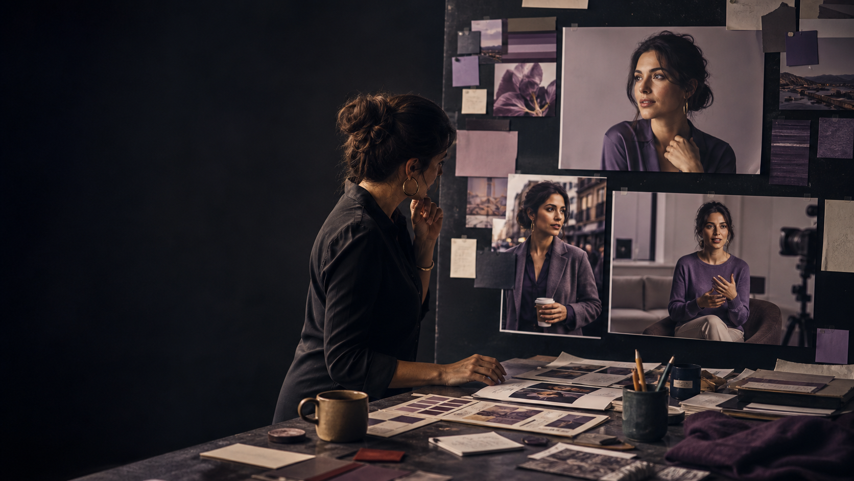 Fictional adult creative director reviewing a campaign board with the same virtual creator shown across approved editorial scenes.