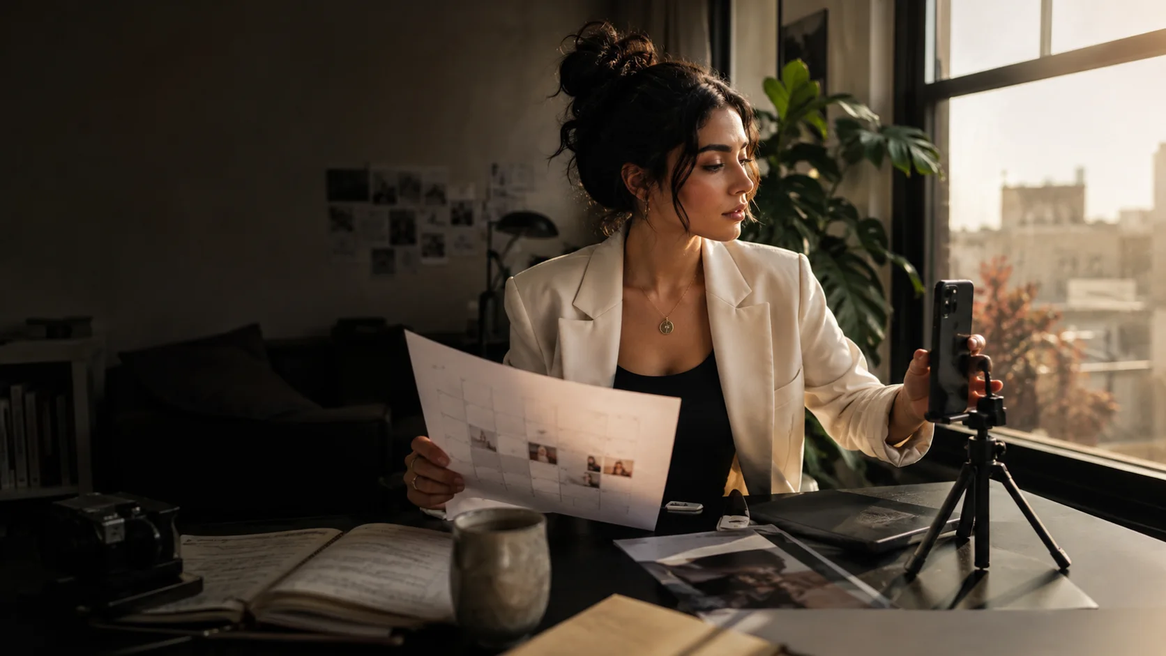 A fictional adult virtual creator reviewing a content calendar beside a phone tripod in a warm apartment workspace.
