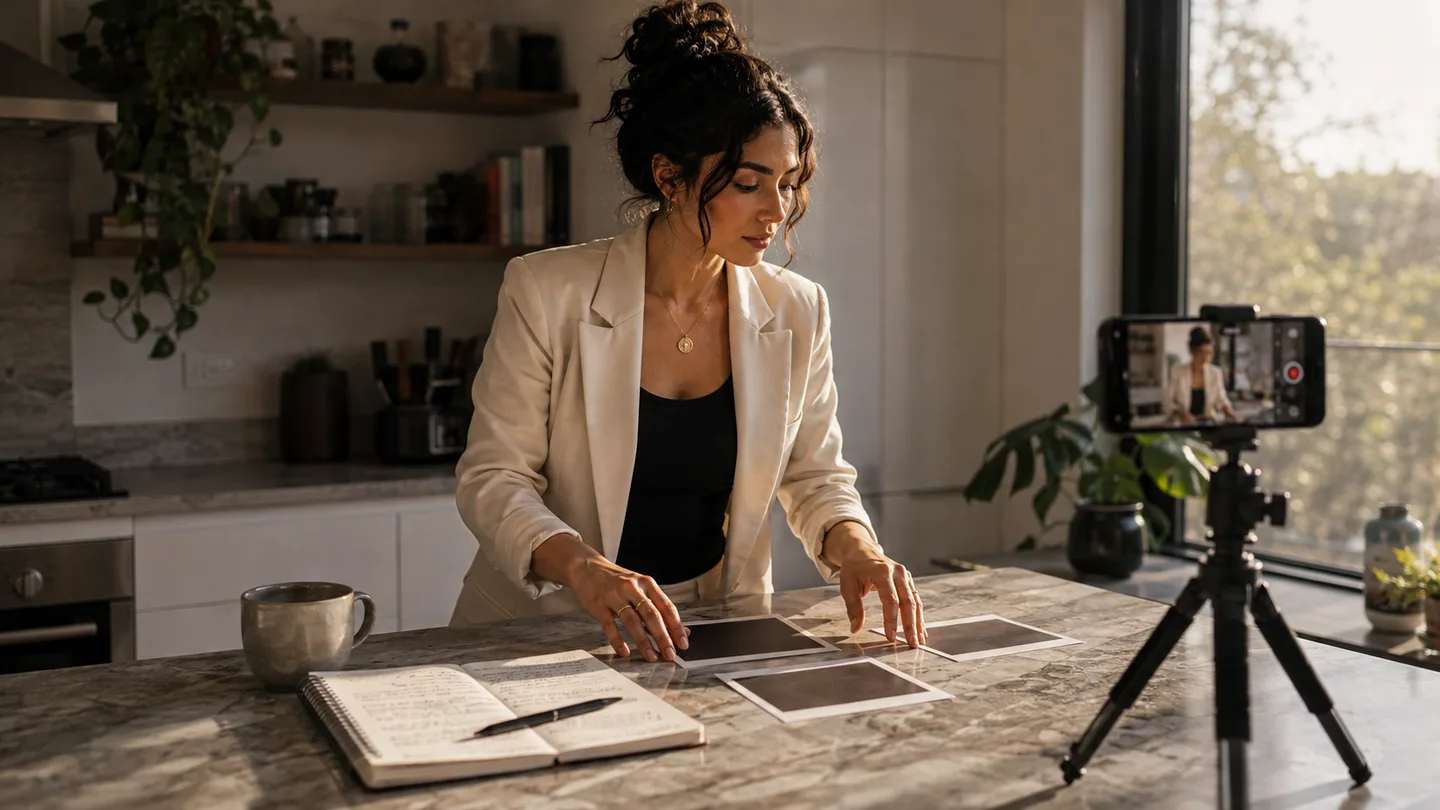 A fictional adult virtual creator arranging a weekly content plan and blank photo prints beside a phone tripod.
