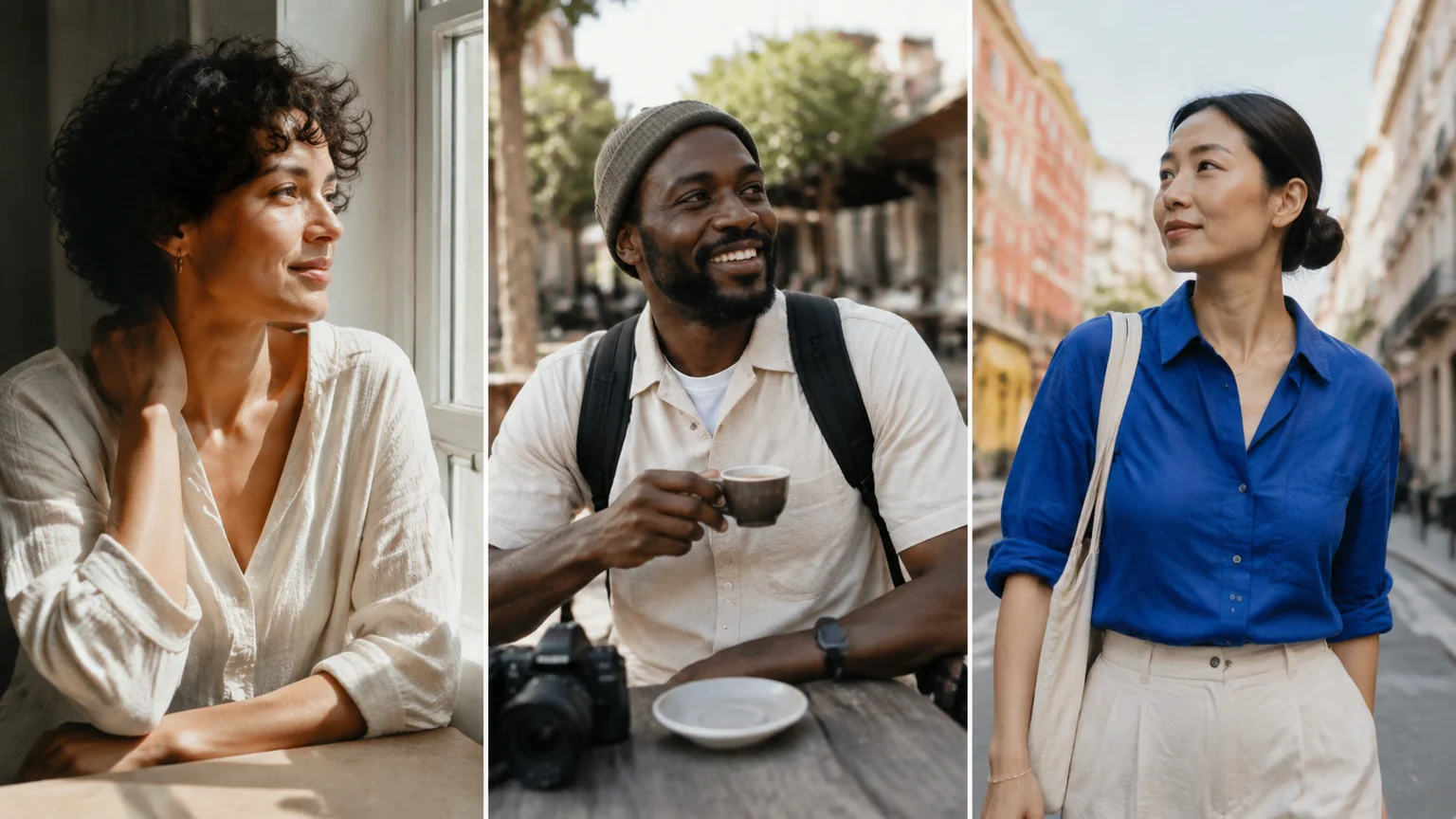 Three fictional adult creators illustrate portrait, travel and street-fashion photo directions.