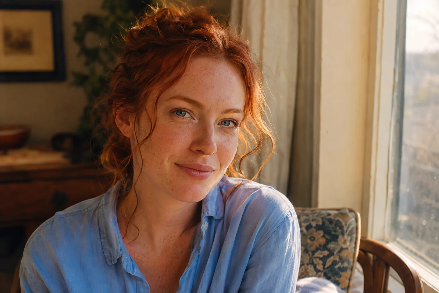 An original fictional adult creator in a natural window-light portrait.